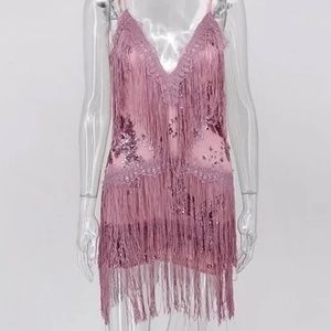 Pink/Rose Gold Sequin and Fringe Flapper Dress